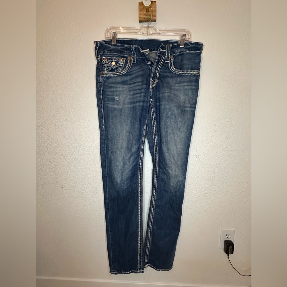 True Religion Brand Jeans Slim Straight Fit Blue Lightly Distressed Size 31